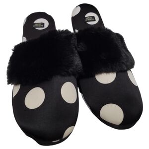 NWT Victoria's Secret Black /White Polka-dot Slippers With Faux Fur Trim Medium
